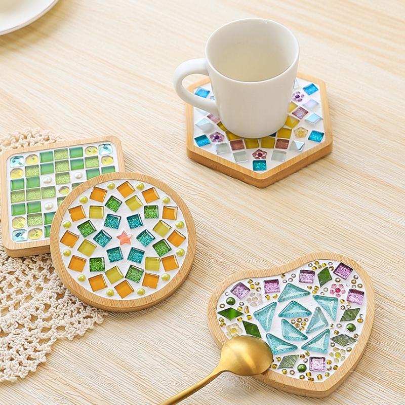 Square Round Diy Mosaic Cup Mat Mosaic Glass Handicraft Handmade Coaster Handmake Accessories Bamboo Pad Early Education