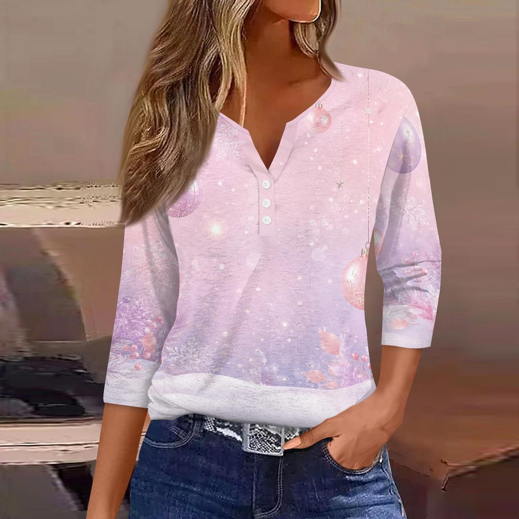 Women's Fashion Casual Christmas Print V-Neck Button Three-Quarter Sleeve T-Shirt Top
