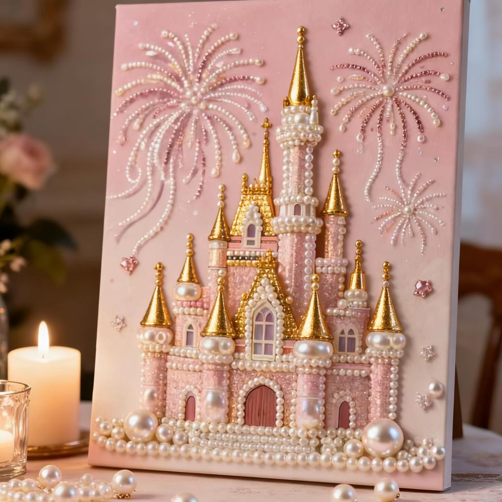 DIY 3D Pearl Painting Kit, Castle Design With Fireworks, Plastic Pearl Art Craft For Adults And Beginners, Home Wall Decor