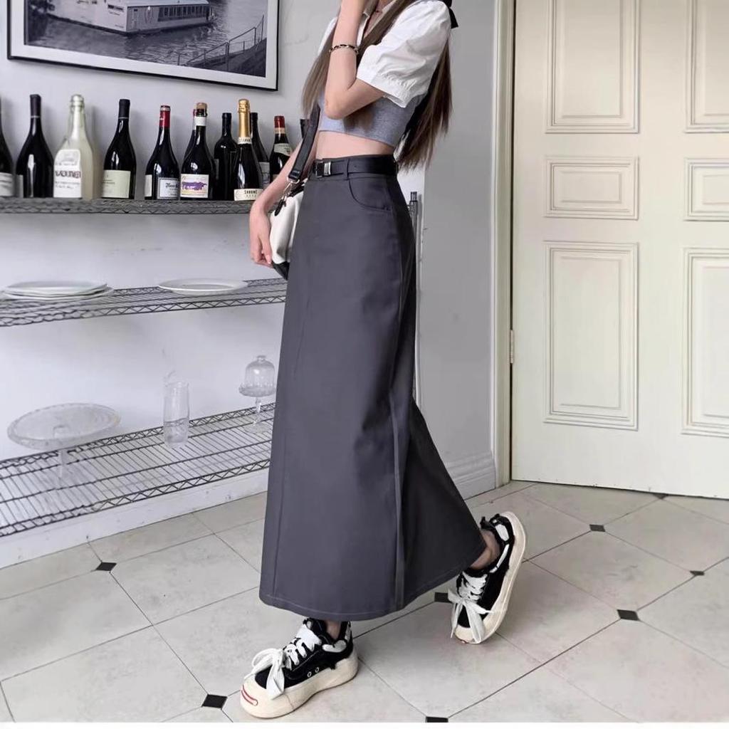 Women's Gray High Waist Straight Leg Midi Skirt with Slit - Slimming Summer A-Line Design.