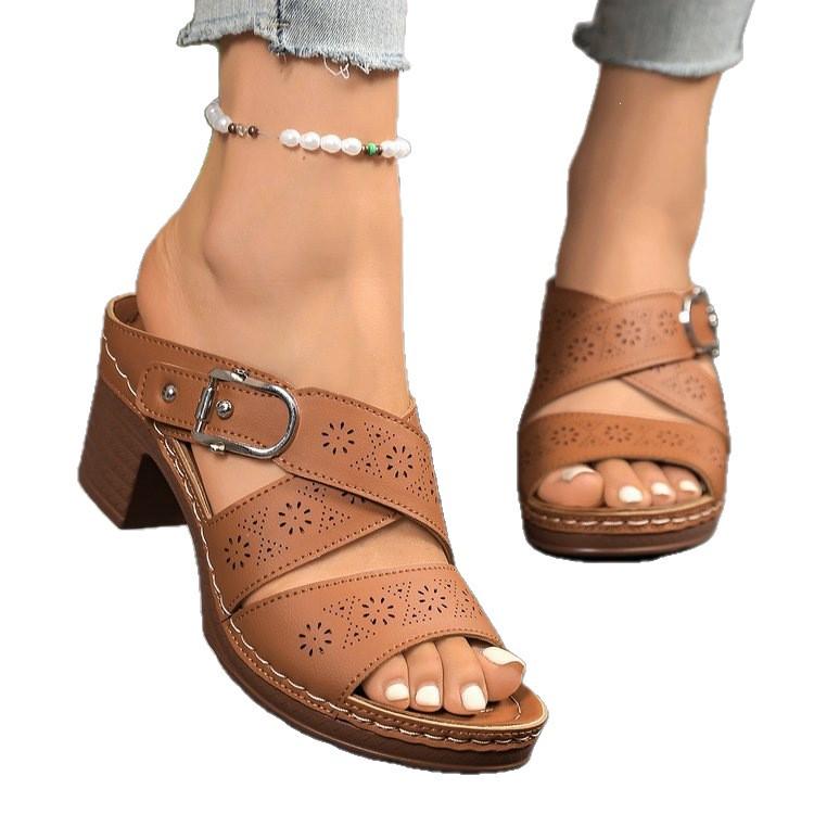2026 Summer Plus Size Women's Roman Sandals: Chunky Heel, One-Strap, Hollow Design