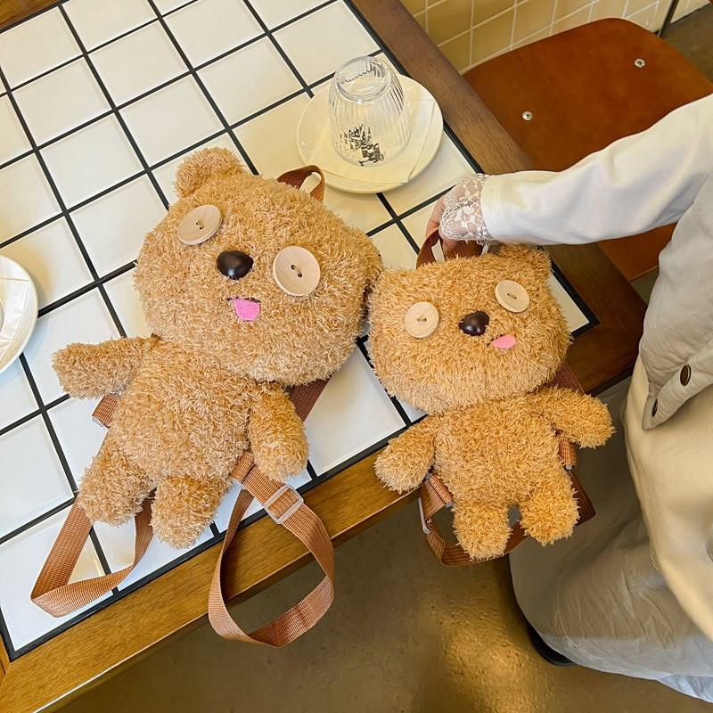 Button Bear Eyes Cartoon Plush Backpack Cute Girl Bag For School And Travel