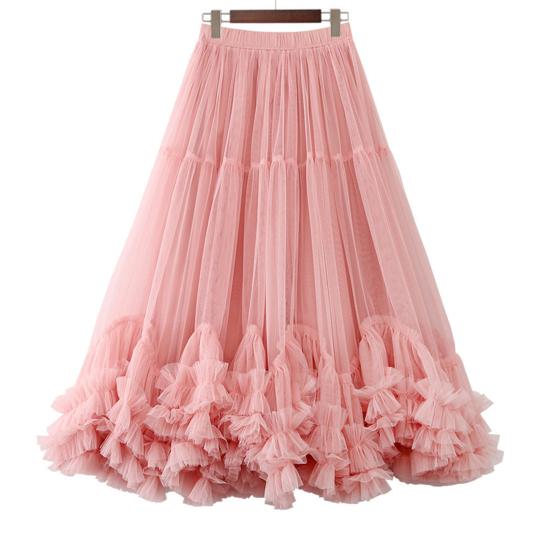 Mesh Yarn Midi Skirt High Elastic Waist Ruffles Trim A-line Skirt
