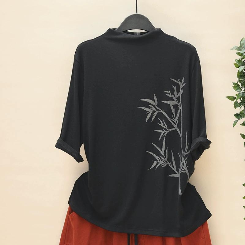 Dimanaf 2025 Autumn Pattern Printing T-shirt Black Women Short Sleeve Loose Tops Tees