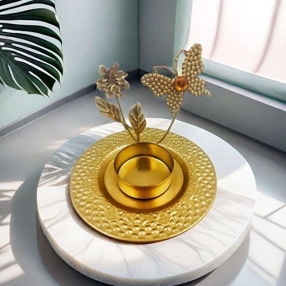 2 Pcs Exquisite Leaf Candlestick Stand Gold Iron Candle Holder Plant Shape Candlestick  Desktop