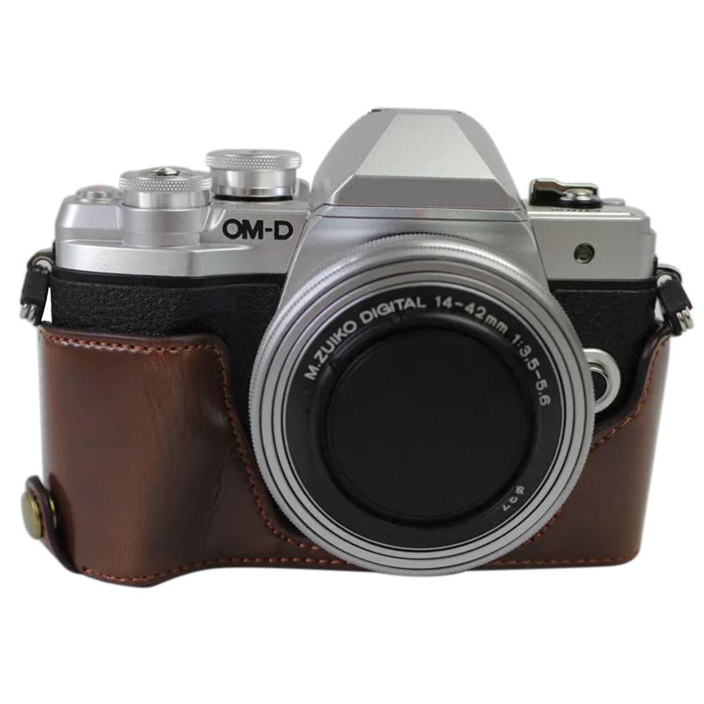 For Olympus OM-D E-M10 Mark III Camera Case PU Leather Half Cover with Battery Opening Bottom