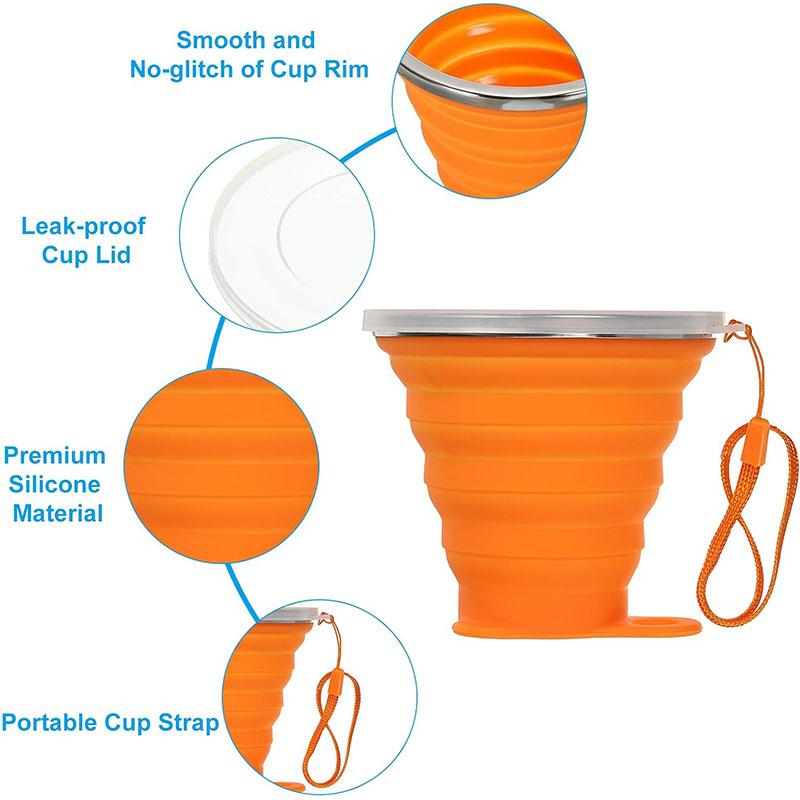 Silicone Collapsible Travel Cup Portable Folding Camping Cup Sets with Lids, Blue & Orange