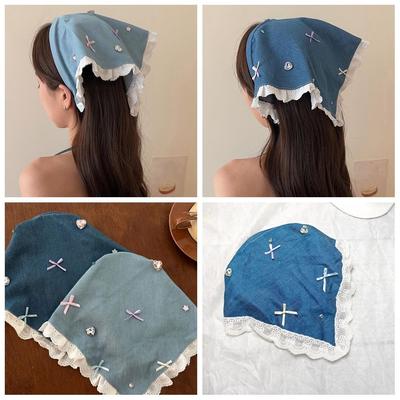 1 Pc Denim Triangle Headscarf Crystal Polka Dot Bowknot Lace Hair Band For Summer Beach Travel Children Girl Headdress