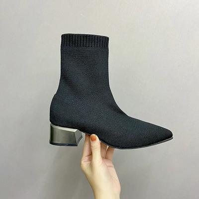 Women's Knitted Ankle Boots Pointed Toe Stretchy Chunky Med Heels Sock Short Botas  Womens Boots