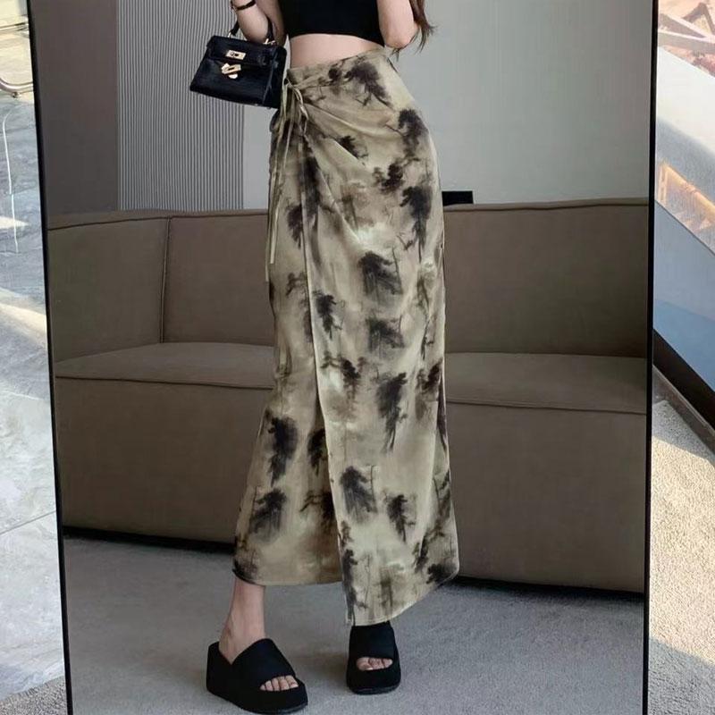 Fashion Drawstring Bag Hip Long Skirts Chinese Style Ink Paint Women's Summer Vintage High Waist Chic Irregular Split Skirts