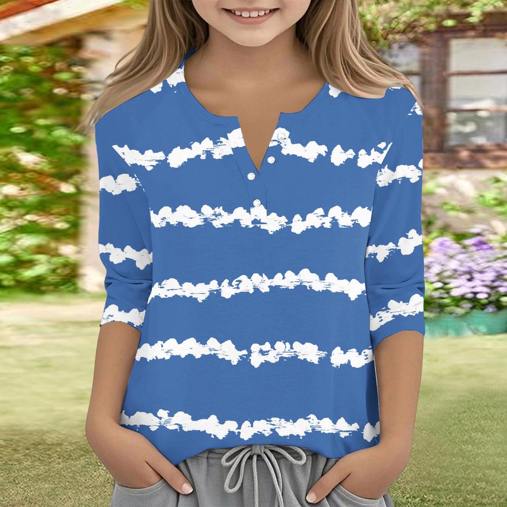Print Tops For Youth Girls V Neck Button 3/4 Sleeves T-Shirts Trendy Tops Outfit Tees
