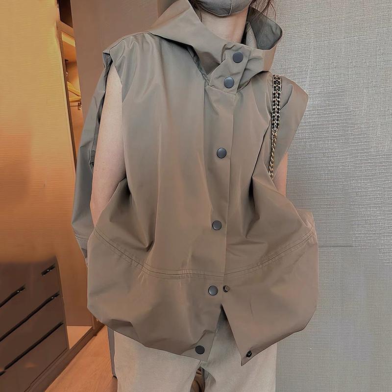 Fashion Hooded Women s Vest Coat Vintage Loose Sleeveless Jackets Female Autumn Streetwear Casual Women Vest 2026 S хаки
