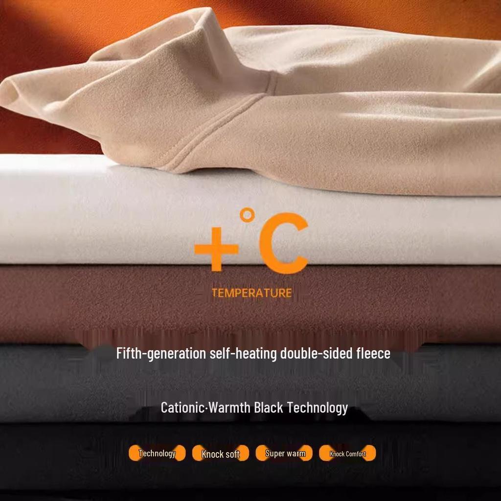 Men's Double-Sided Velvet Half-High Collar Long-Sleeve Black T-Shirt for Autumn and Winter