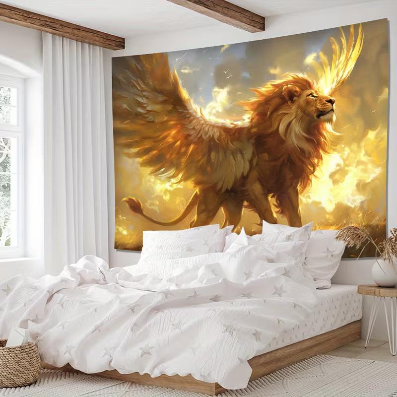 2D Fantasy Winged Golden Lion Tapestry Mythical Creature Wall Decor Cloth for Home & Bedroom