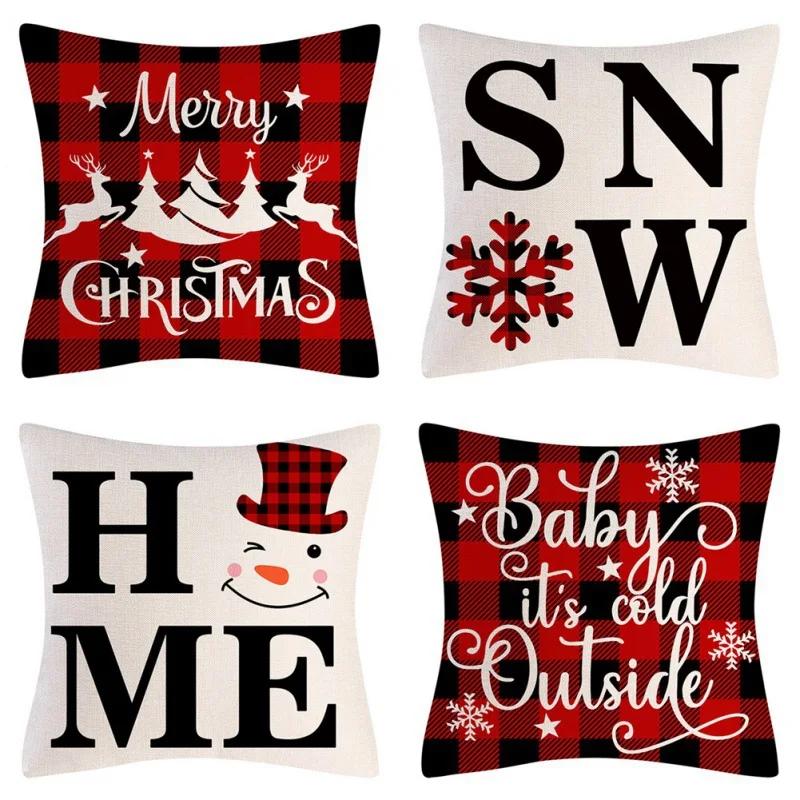 

Christmas Decoration Cushion Cover Cartoon Elk Santa Pillow Case Linen Home Decor Christmas Throw Pillow for Holiday Living Room 450mm*450mm