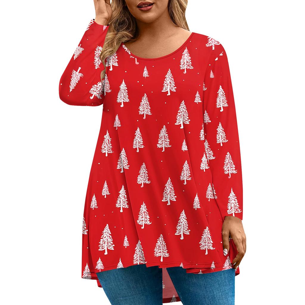 Women's Fashion Large Size Round Neck Long Sleeve Casual Christmas Print Loose Pullover Top