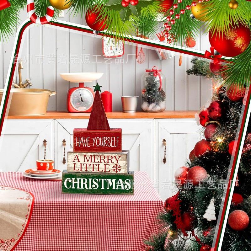 4 Christmas Ornaments Wooden Layered Tray Decoration Christmas Tree Signs Gifts Dining Table Home Kitchen Wood Products