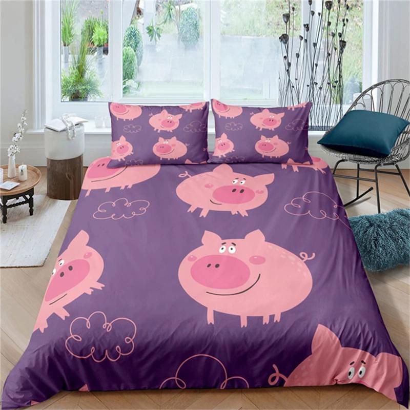 Cartoon Lovely Pig Duvet Cover Set Kawaii Animal Bedding Set King Microfiber Farmhouse Wildlife Theme Comforter Cover Pillowcase