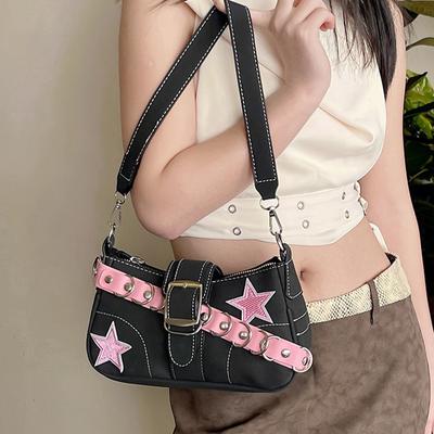 Fashion Black Pink Star Chic Cowboy Tote Bag with Punk Buckle Strap, Y2K Style Underarm Handbag Purse for Women Daily Party Use