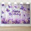 2D Purple Butterfly Happy Birthday Backdrop Banner with Roses & Flowers