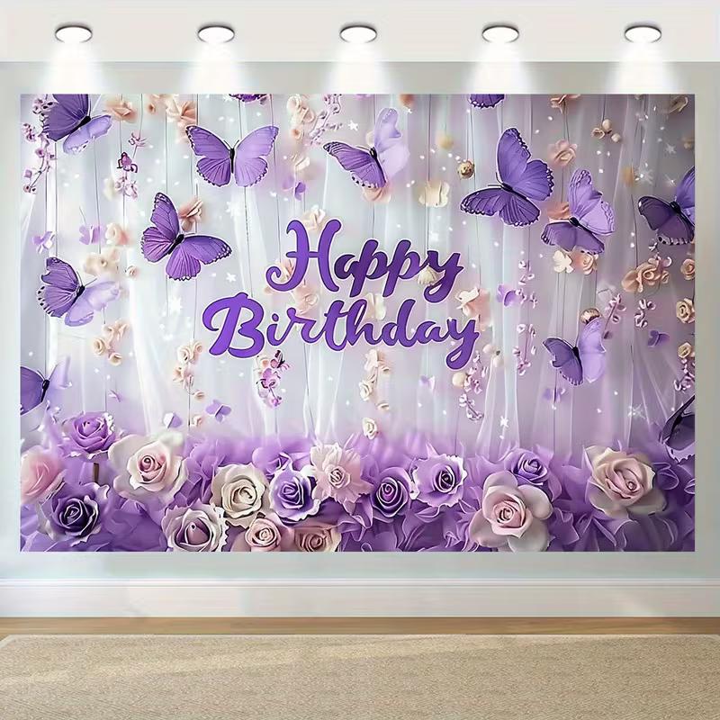 2D Purple Butterfly Happy Birthday Backdrop Banner with Roses & Flowers