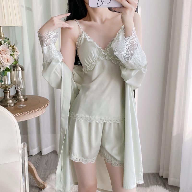 Internet Celebrity Spring and Summer Women's Pajamas New Thin Solid Color Lace Ice Silk Suspender Shorts Vest Loungewear Set