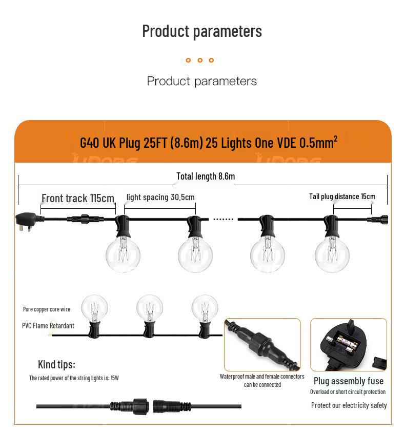 UK/US Standard G40 String Lights, 25 Clear Tungsten Filament, 220V, Indoor/Outdoor Decorative Lighting for Weddings and Christmas