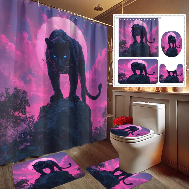 

4pcs Halloween Leopard Print Shower Curtain Set, Decorative Bathroom Set Includes Shower Curtain, Non-Slip Floor Mat, Toilet 90x180cm