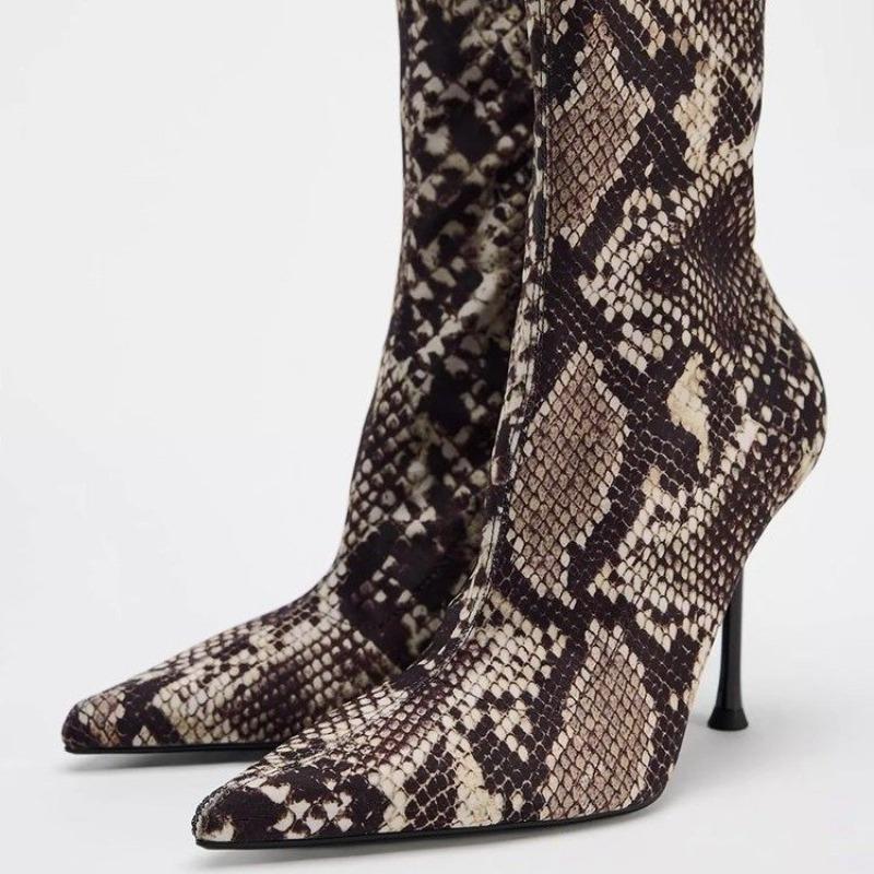 Fashion Pointed Toe Sexy High Heels Women's New Stiletto Plaid Snake Side Zipper Anti-Slip Wear-Resistant High Heel Boots