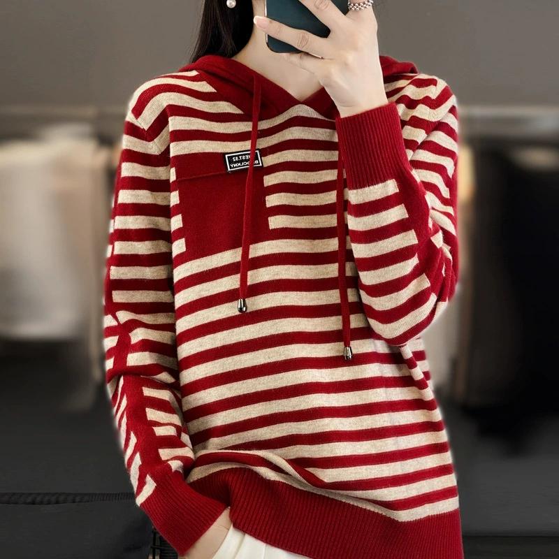 Winter Pure Wool Fashion Soft Sweater Autumn Female New Women Hooded Collar Strip Pullover Cashmere Loose Casual Knit Base Top