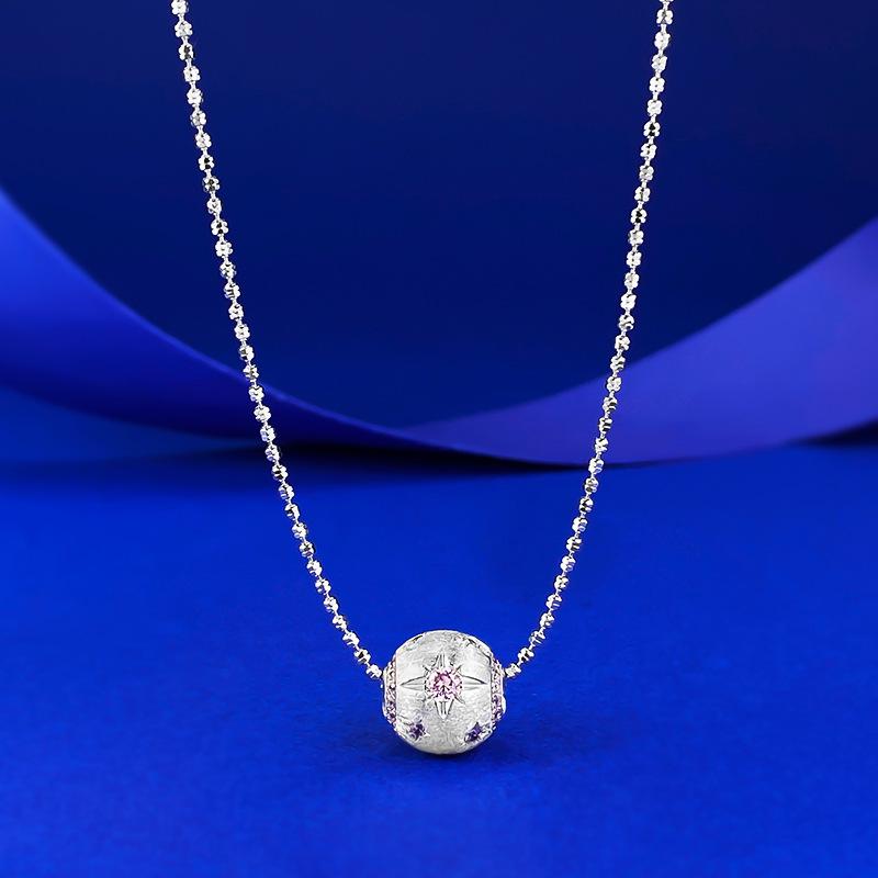 Xian Can S925 Silver Pink Zircon Brushed Ball Necklace for Women - Elegant Daily Jewelry S925 Silver