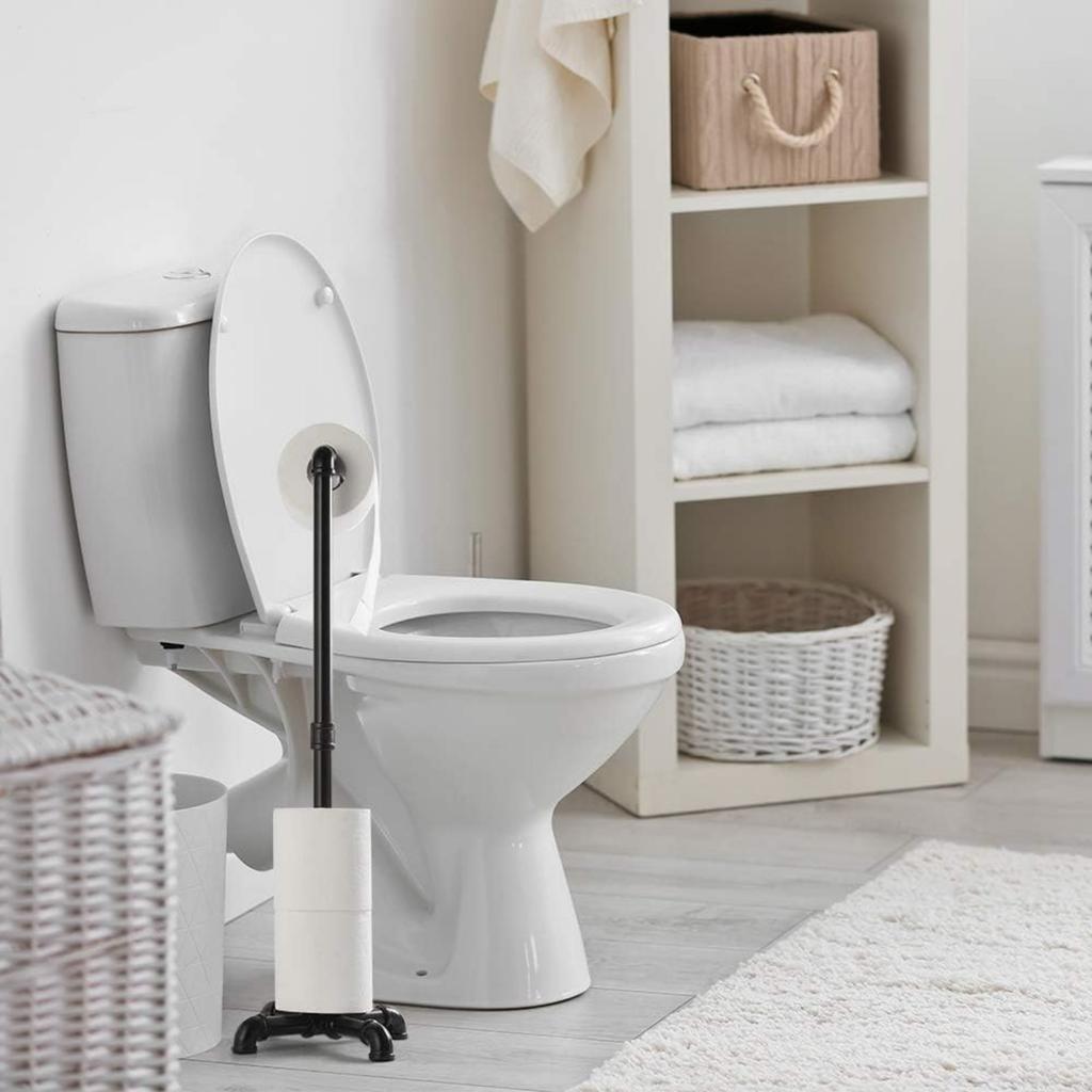 Heavy Duty Freestanding Toilet Paper Holder | Industrial Bathroom Tissue Roll Dispenser Stand with Base, Black