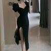 French Niche Knee-length Dress Women's Summer Bubble Sleeve Skirt Temperament Slim and Thin High Split Sexy Dress