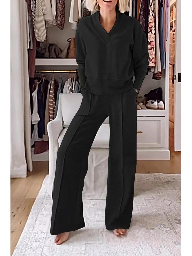 2025 Autumn/Winter V-neck Long Sleeve Loose Solid Color Women's Fashion Casual Pants Set