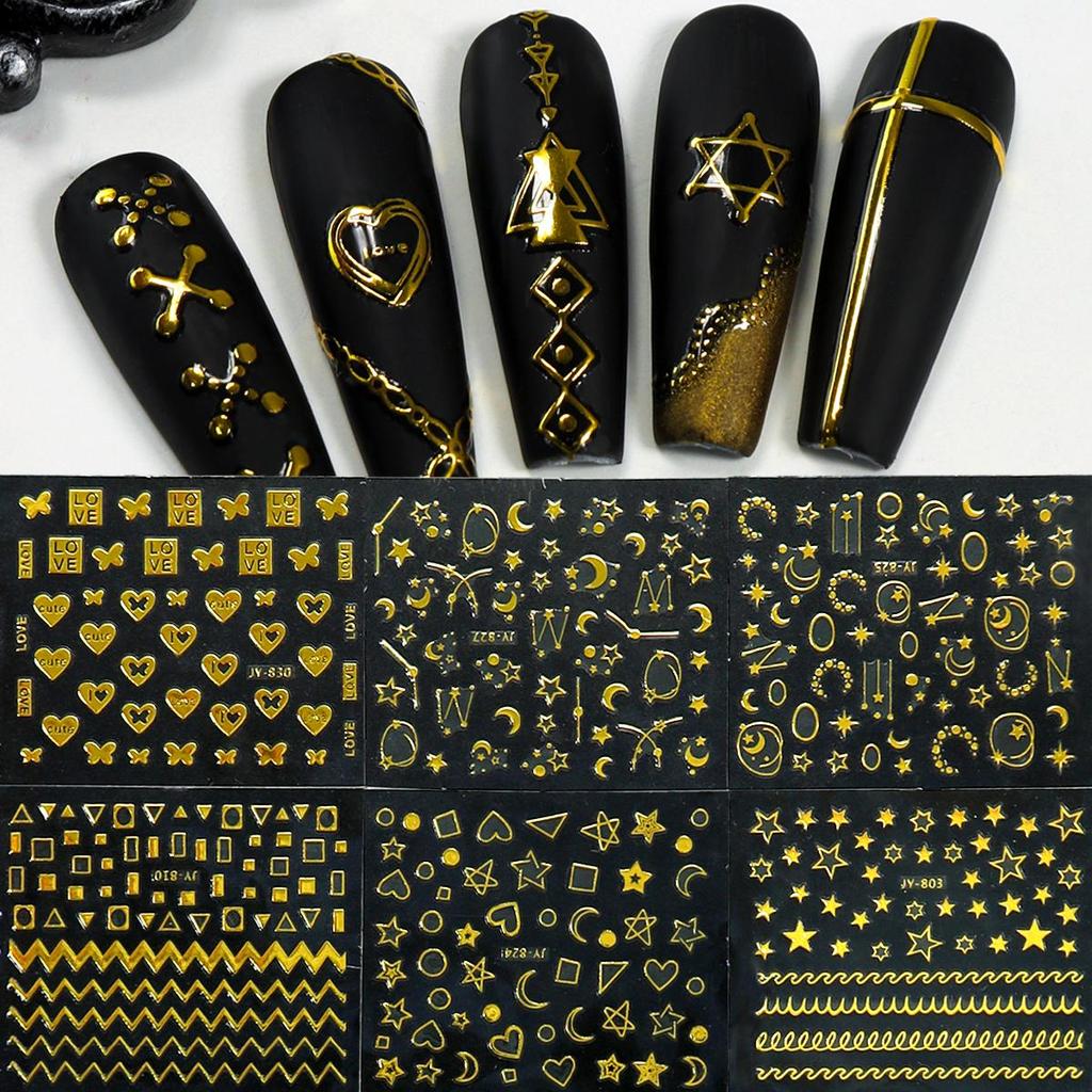 30 listů zlatých smíšených tvarů samolepek na nehty 3D umělecké samolepky hvězdy a měsíc geometrický vzor design manikúra konečky prstů dekorace