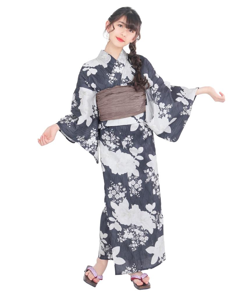Yukata Set Junior Retro Change Weave 3 Piece Set Heiko Girls Camellia Play in Ink [KYOETSU] (Yukata, Obi, Geta) (13. Painting, 130cm)