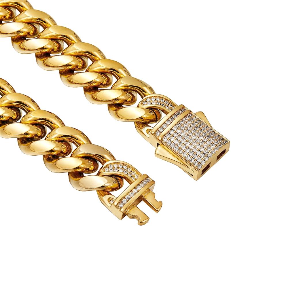 6/8/10/12/14mm Iced Out CZ Spring Clasp Cuban Link Chain Bracelet 18K Gold Plated Stainless Steel Bracelet for Men