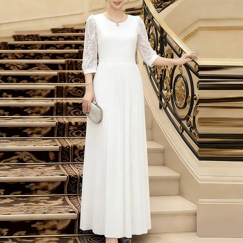 ZANZEA Women Casual Round Neck Lace Splice 3/4 Sleeve Long Dress