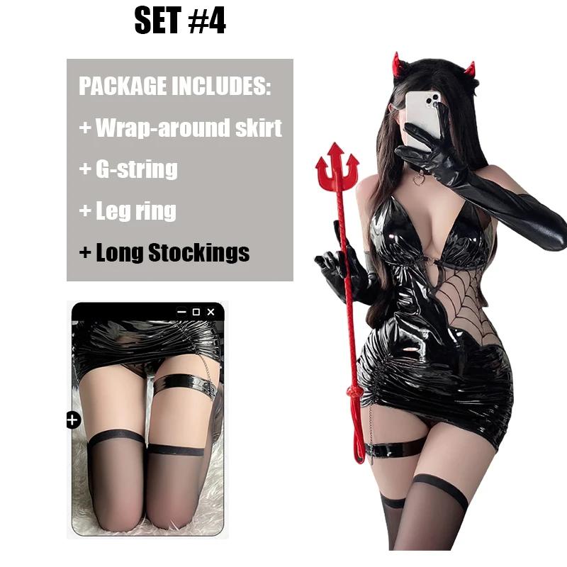 Halloween Costumes Seductive Witch Spider Women Sexy Cosplay Lingerie PU Faux Leather Bodycon Dress Tight Hip Stocking Outfit