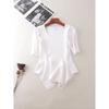 Export Stylish Asymmetrical Fishtail Short Sleeve Knitwear Summer U-Collar White French Tops Women