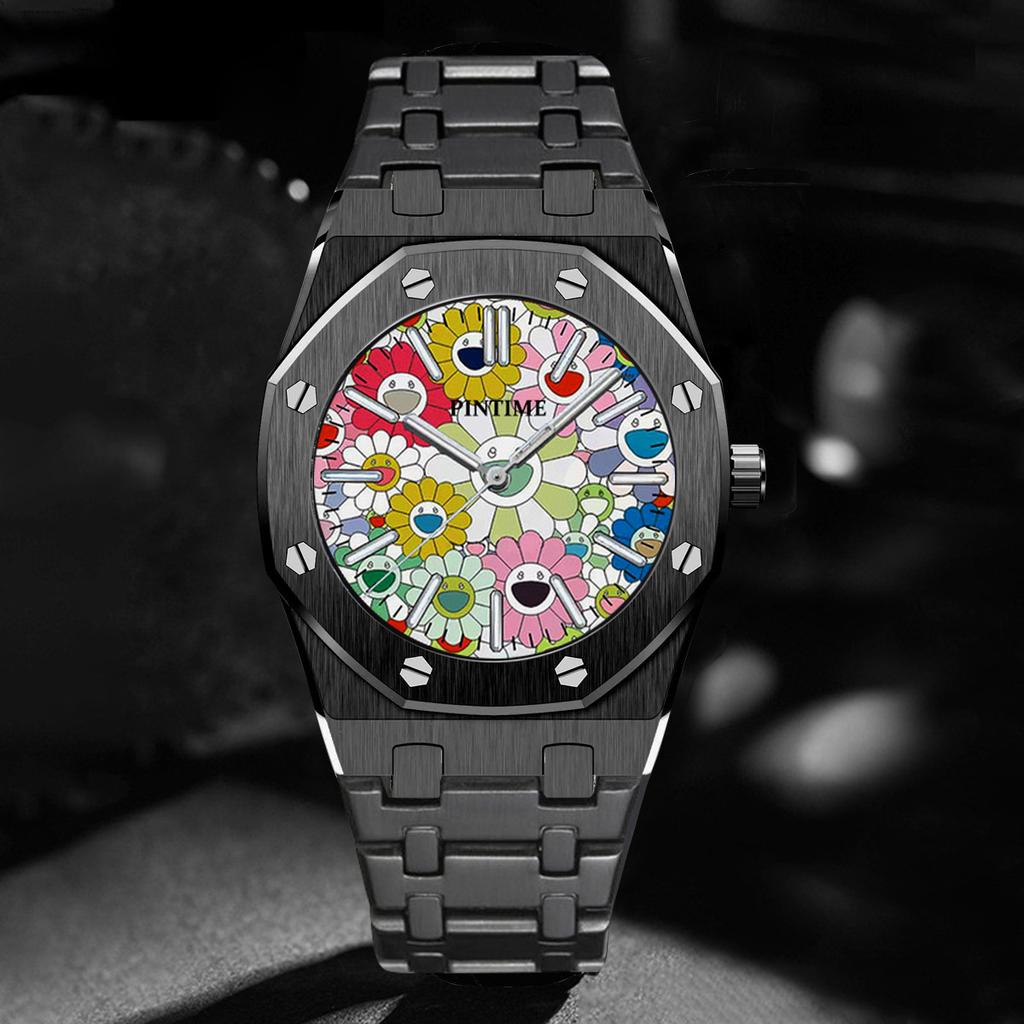 PINTIME Fashion Men's Watches Patterned Dial Business Watches Waterproof Stainless Steel Quartz Watches for Men