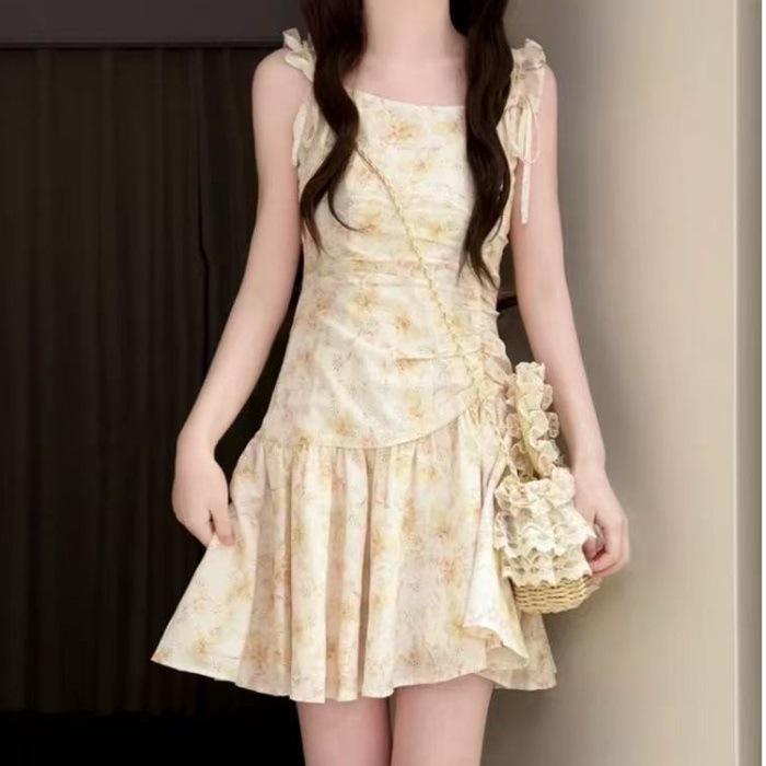 

Cream Yellow Floral Print Camisole Dress - Korean Style, Cinched Waist, Slimming, Short Skirt for Women, Summer 2025 XL жёлтый/кремовый