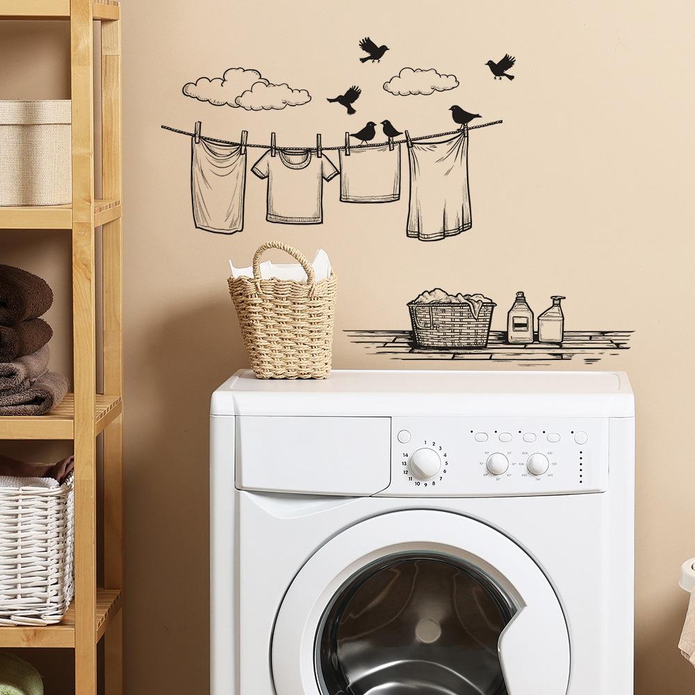 Cartoon Einfache Wäscheleine und Wolke Vogel Waschküche Heimdekoration Wandaufkleber