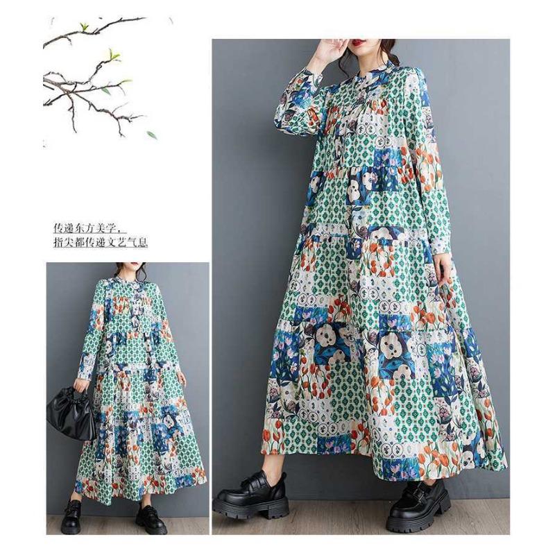 New Large Size Loose Thin Fashion Long-sleeved Printed Mid-length Dresses