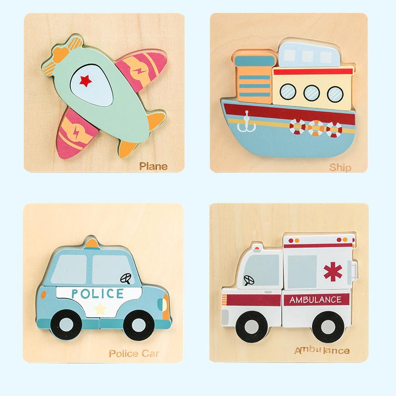 4 Pcs/Set 3D Wooden Puzzle Cartoon Animal Traffic Early Education Enlightenment Cognitive Jigsaw Toys With Gift Box