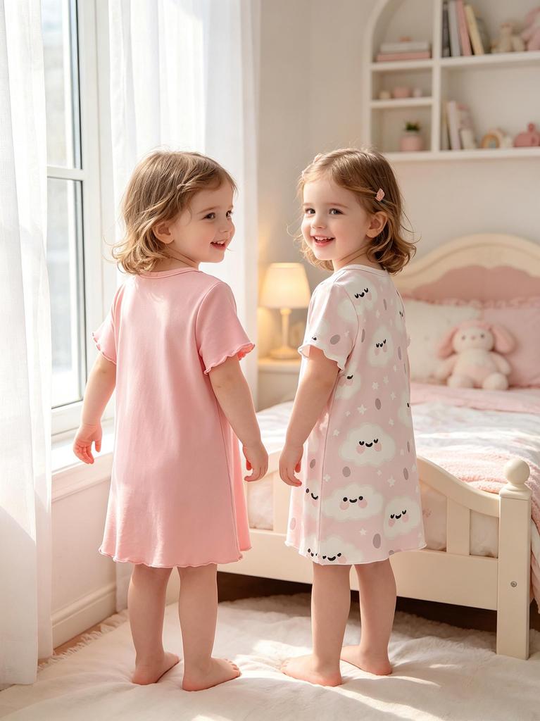 Baby Girls 2-Pack Cloud Print Nightgowns, Short Sleeve Sleep Dresses for Toddler Girls 6M-3Y