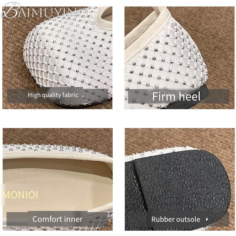 Fashion Flats Ballet Shoes Women Sandals Mesh Crystal Square Toe Mary Jane Summer New 2025 Design Shallow Loafer Dress Casual Sandalias