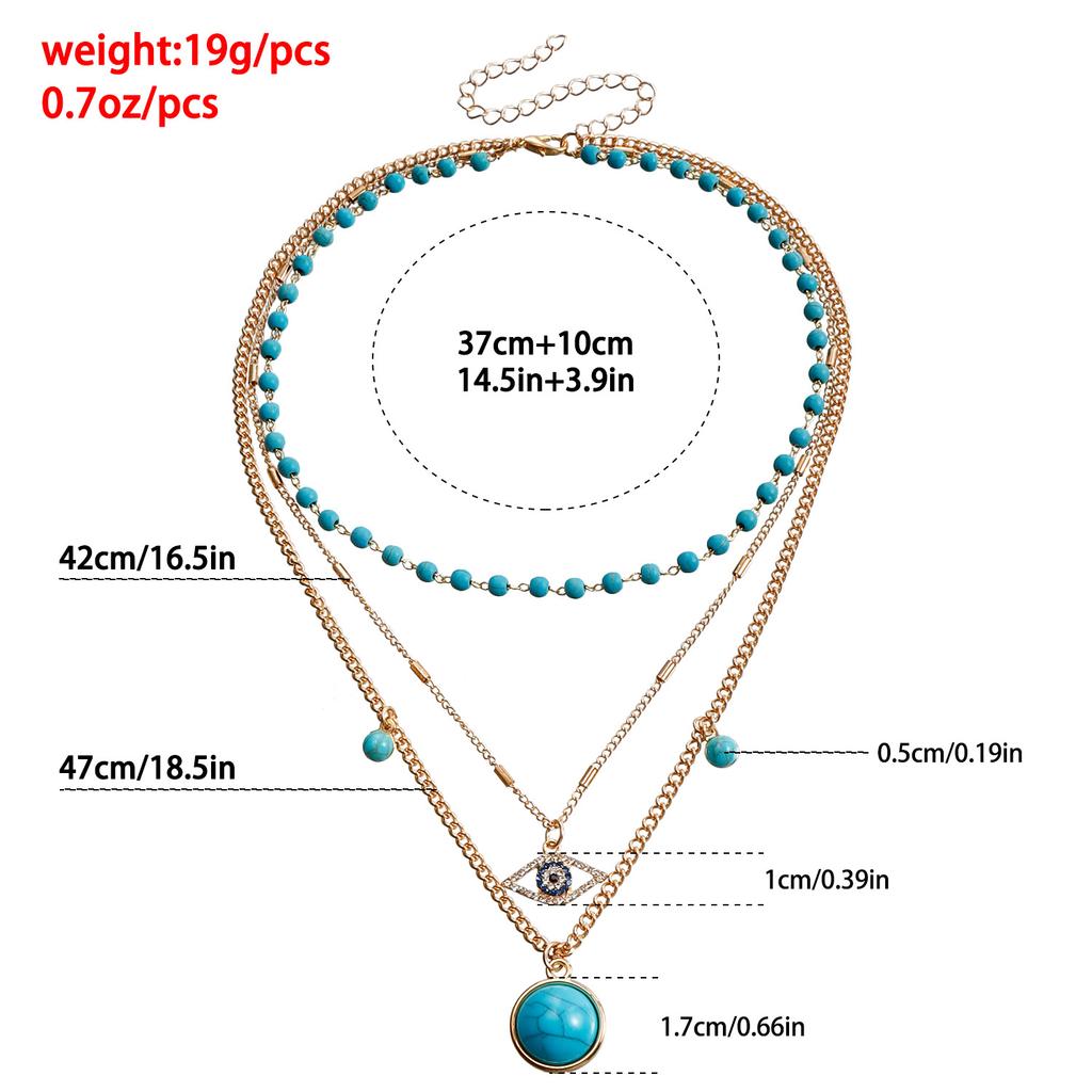 Retro ethnic style turquoise collarbone necklace, simple metal eyes stacked necklace