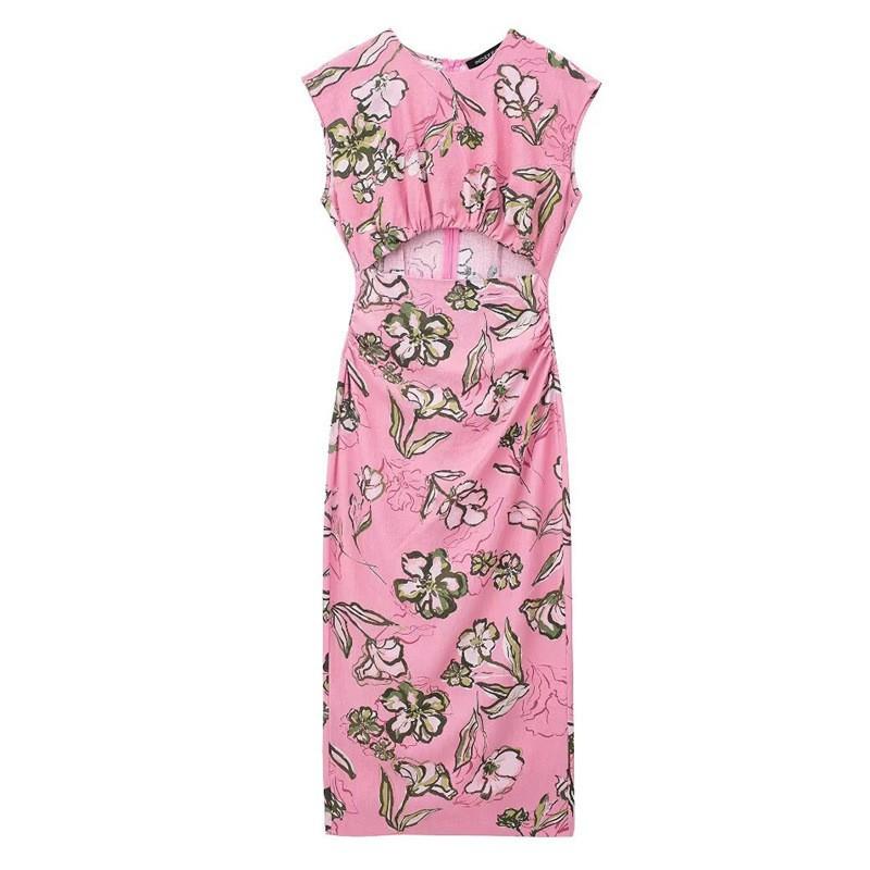 

European American Women s Fashion Printed Linen Blended Sleeveless Dress L