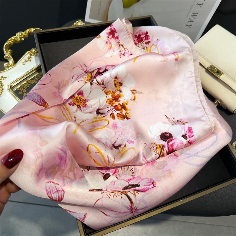 70cm Lily of The Valley Scarf Women's Spring and Summer Thin Satin Square Scarf High-end Temperament Small Scarfs Shawl